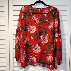 West‎ Kei Red Floral V-Neck Long Sleeve Blouse XL